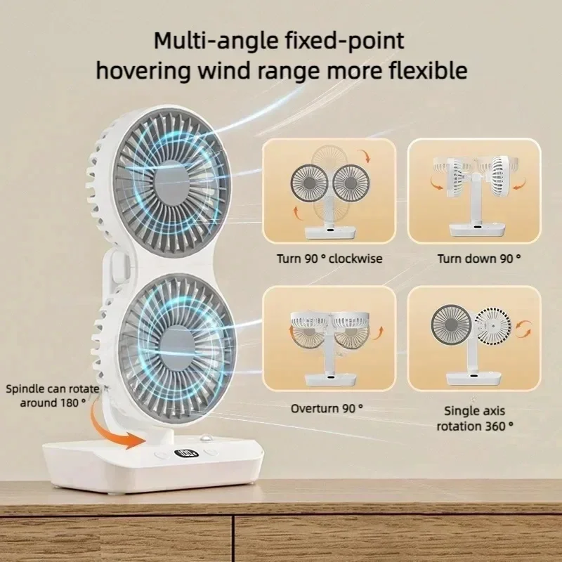 Double Head Table Fan Rechargeable Rotation Shaking Head Fan Wall Mounted Portable 4-Gears Wind Fast Cooling Fan for Home Office