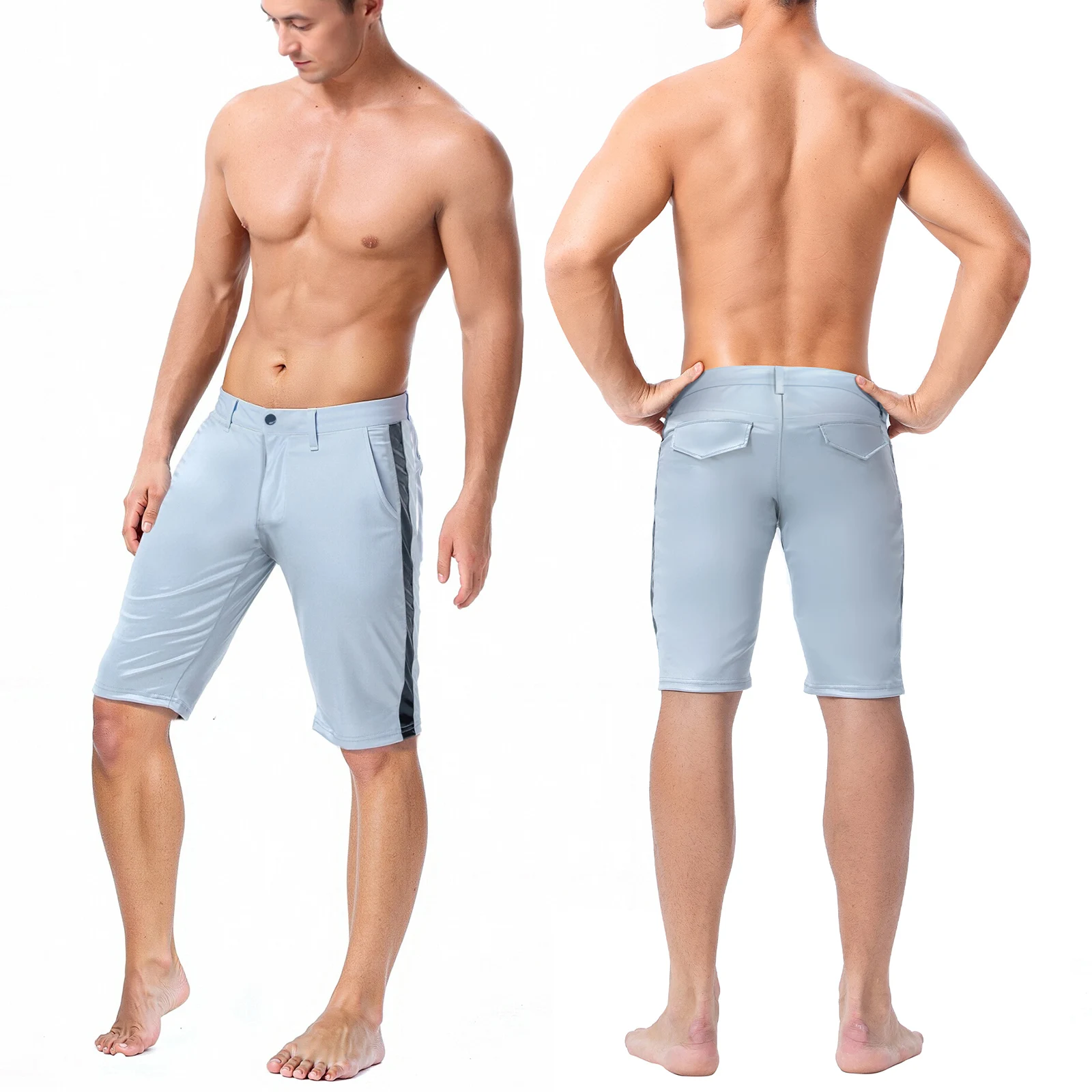 

Мужские модные шорты из искусственной кожи средней длины с боковыми карманами, облегающие шорты-плавки для пляжа, клуба, вечеринок, гольфа, повседневные брюки