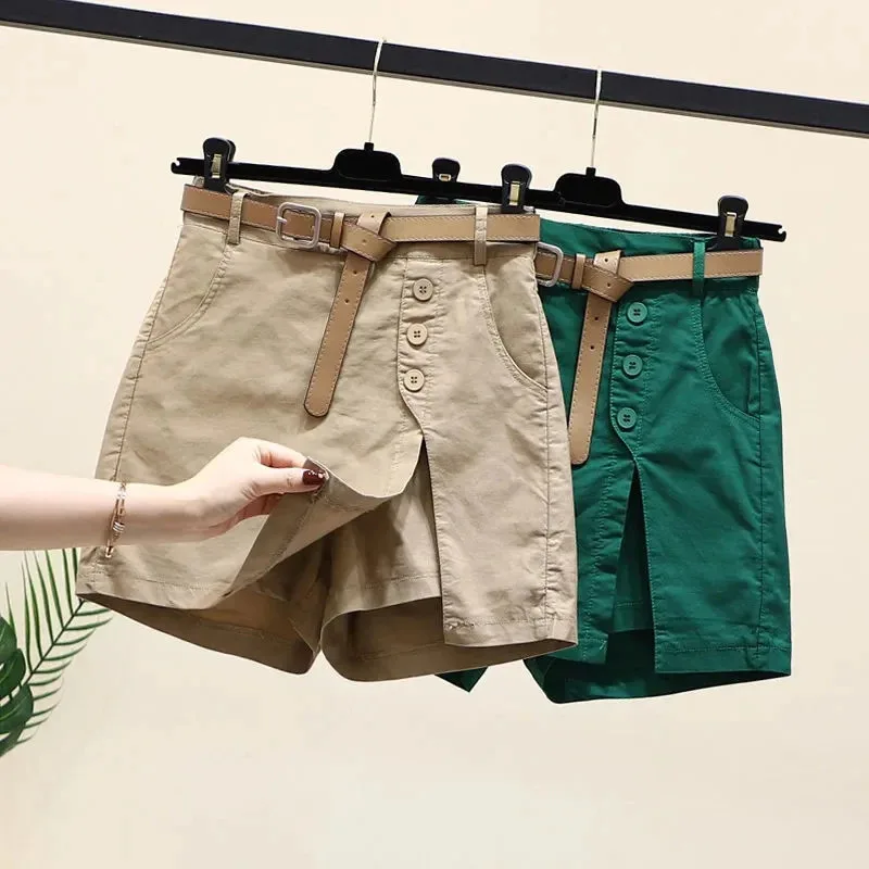 

Chic Shorts Women Belt Korean Solid Buttons Side Slit A-line Streetwear Fashion Skirts Chic Harajuku Summer Loose Pants