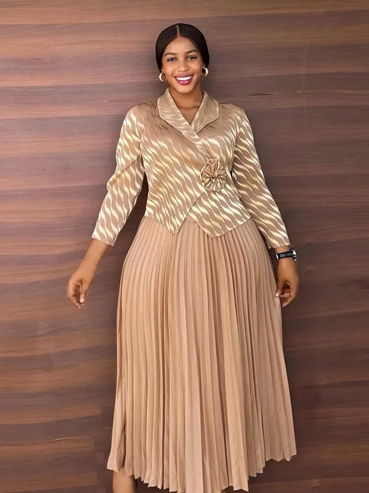 Rican Accordéon Fold Long Sve Col rabattu Décoration florale Faux deux pièces Impression dorée Longue Dr Ele Haute Wa...