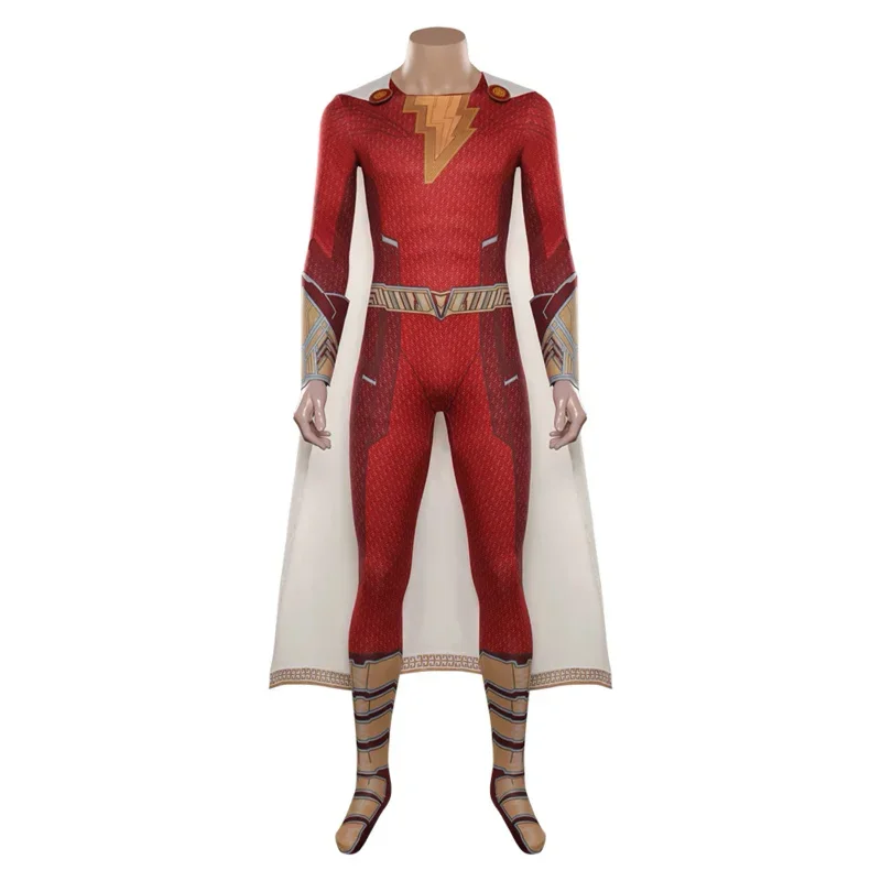 Fury Of The Gods Shazam Cosplay Costume Jumpsuit Cloak For Adult Men Male Boy Halloween Carnival Disguise BodySuit MN8