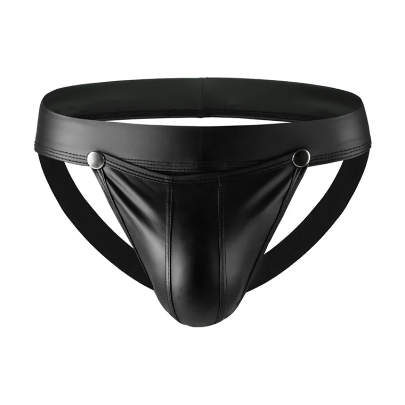 Gay Underwear Men Black Pu Leather Thongs G Strings Button Pouch Panties Low Waist Open Butt Thong Backless Jockstrap String