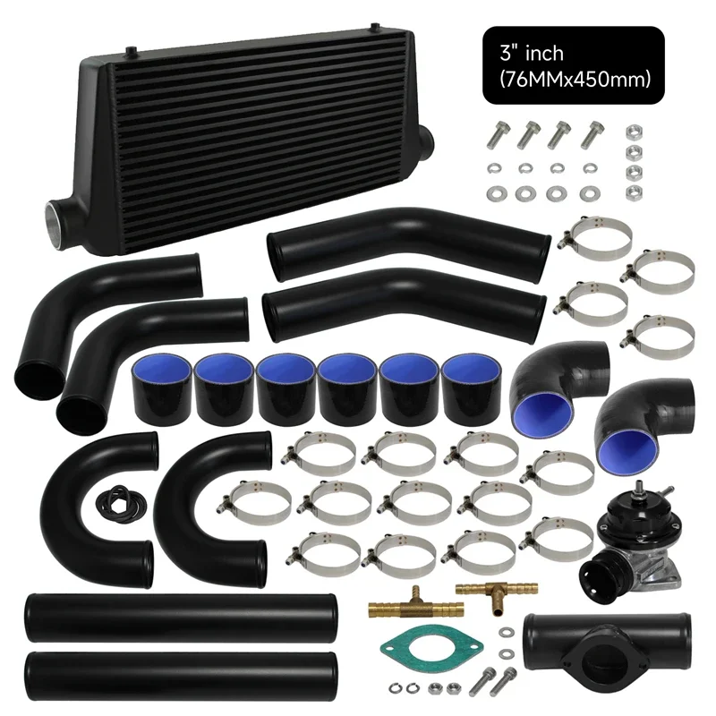 

Universal DIY Intercooler 600x300x76mm + 3" 76mm Aluminum Piping + BOV Hoses Kit Black