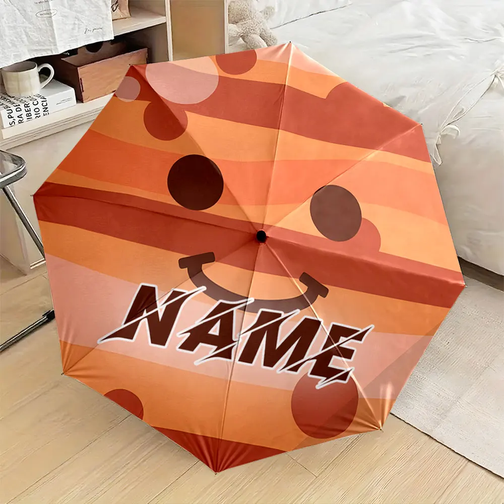 Custom Name Umbrella, Cute Cartoon Smiley Planet Design with Orange Theme Umbrella Folding Umbrella for Sunny and Rainy,Gift