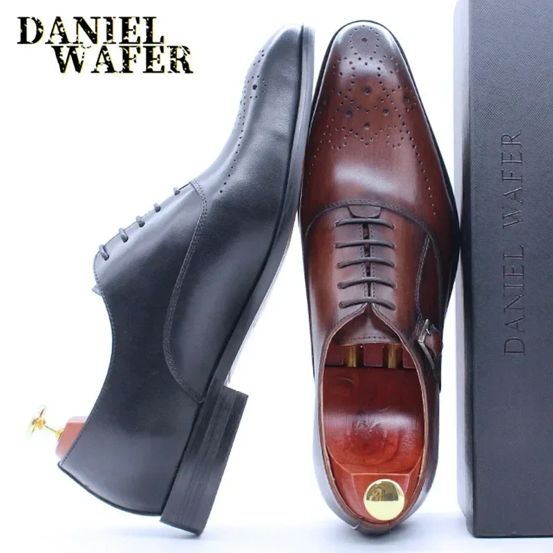Classic Men\'s Genuine Leather Oxford Shoes Buckle Lace-Up Office Dress Wedding Brogue Pointed Toe Business Formal Shoes