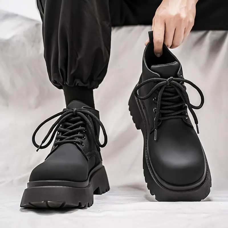Black Leather Platform Lace Up High Cut Boots for Men Spring Autumn Y2k Original Deals Low Price Hot Selling Vintage Man Shoes