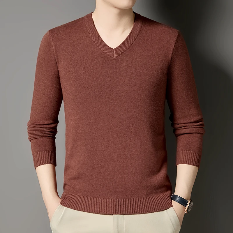Autumn and Winter Men's and Young Adults' Versatile Base Shirt, No-pill V-neck Pure Color Warm Sweater