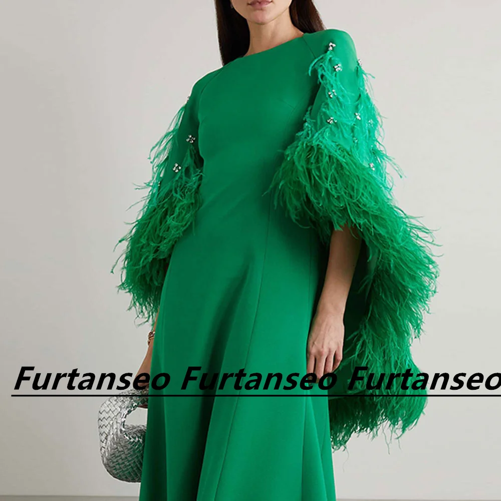 Green Evening Dress Customized Crew-Neck Draped With Feather Crystal A-Line Shawl Saudi Arabian Women\'s Formal Occasion Dresses