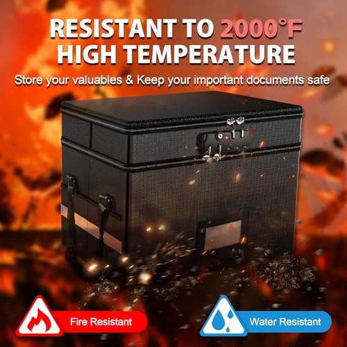 2-Layer Fireproof Document Box with Lock, 2000°F, Waterproof, Large, Night Reflective, Adjustable Handle, Foldable, Anti-static