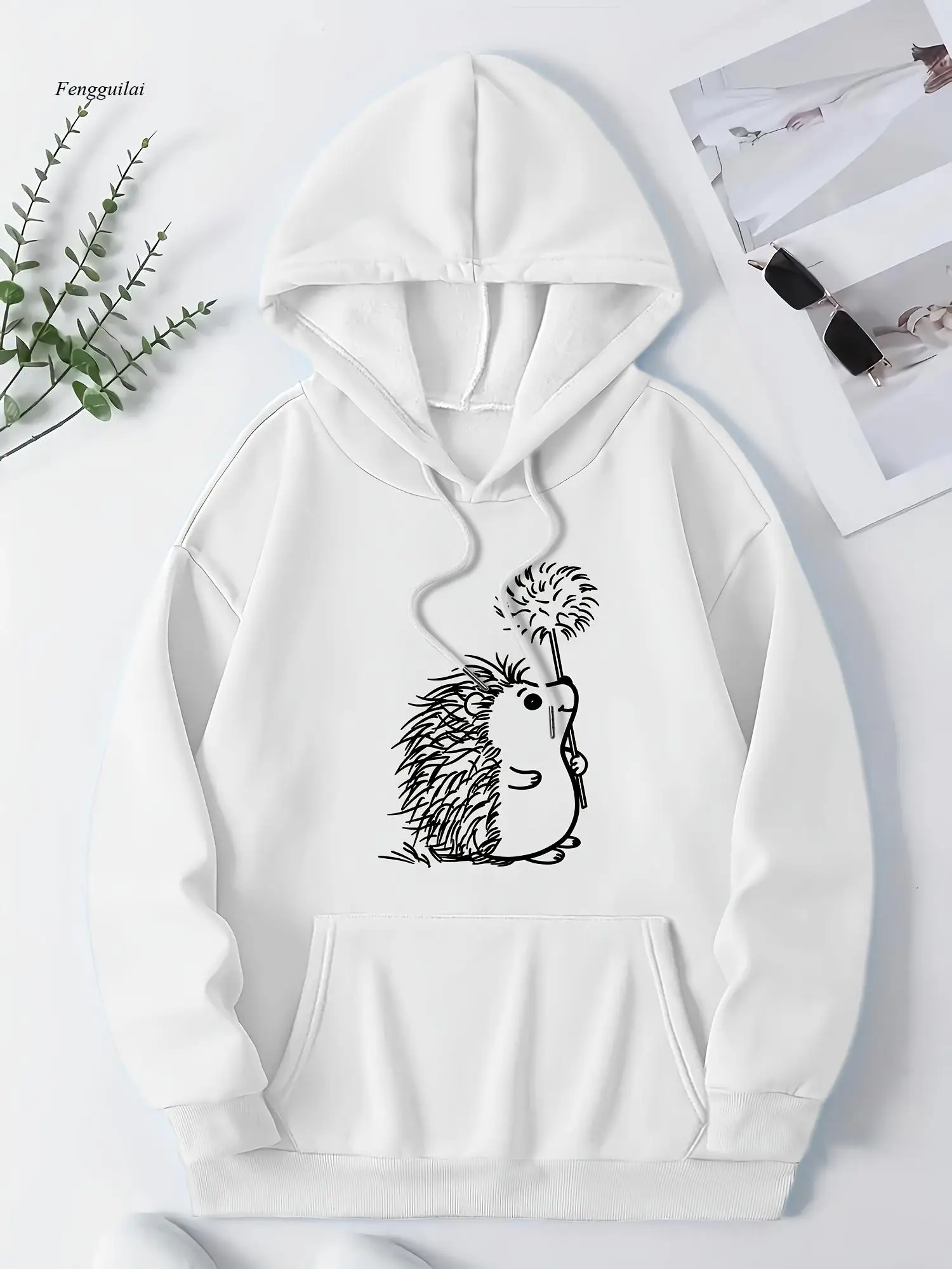 هوديي كاجوال من البوليستر مع طباعة قنفذ لطيفة - سويت شيرت بقلنسوة بأكمام طويلة مع جيوب، نمط حيوانات كرتونية #1