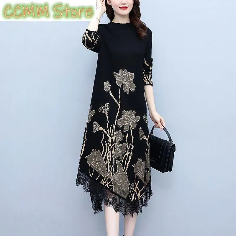 

Casual Round Neck Dresses Fashion Asymmetrical Lace Patchwork Autumn Winter New Female Diamonds Casual Floral Printed Midi Dress