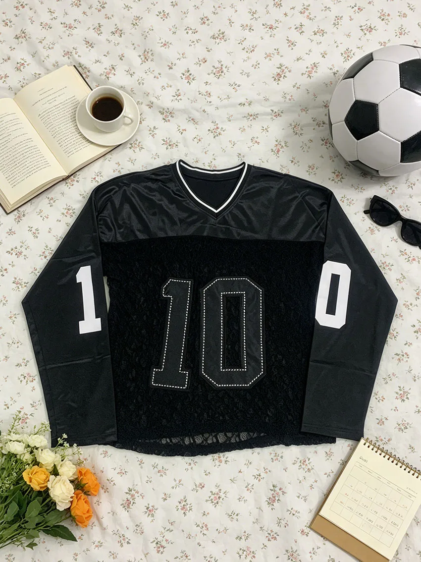Y2K See Through Lace Splice Football Tee Women V Neck Number 10 Rhinestone Decor Star & RADIANT Print Oversized Streetwear Shirt