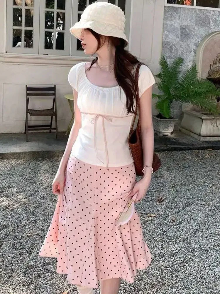 

Sweet Pink Polka Dot Midi Skirt Women Japanese Y2k Aesthetic Low Waist Slim Folds A-line Skirts Elegant Beach