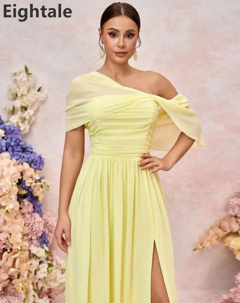 Eightale 2025 amarelo chiffon fora do ombro uma linha maxi vestido de noite árabe saudita fenda vestido de festa de baile vestidos formais personalizados