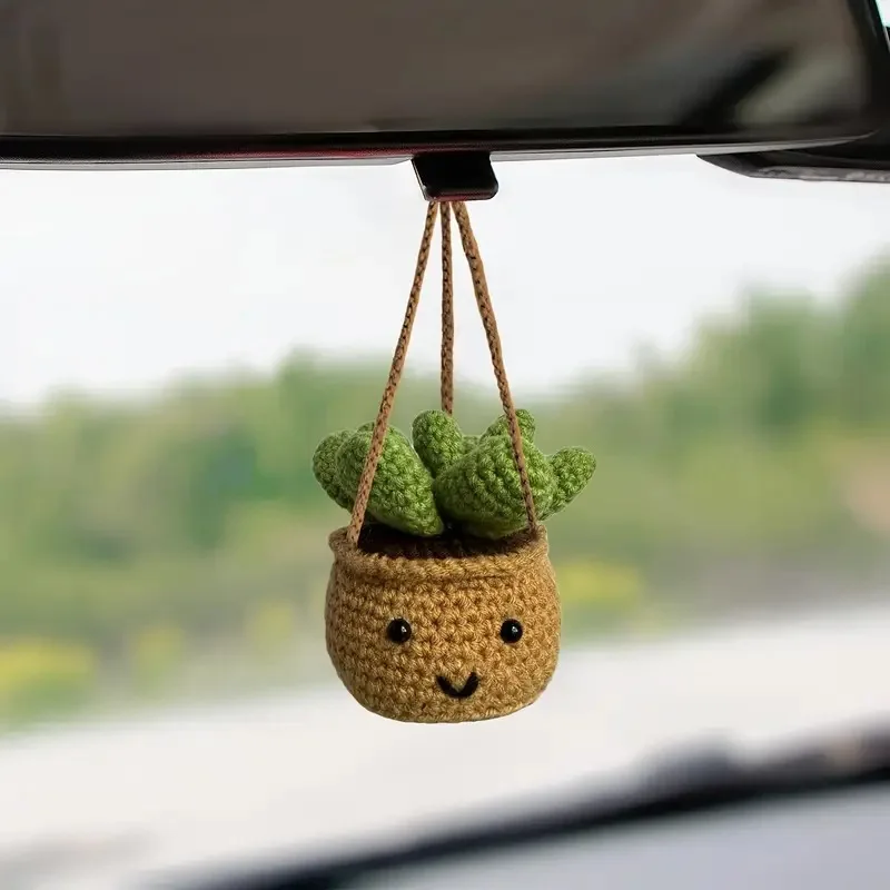 Crochet Cactus Fleshy Car Rear View Mirror Decorative Cactus Car Ornament Accessories Cute Potted Plant Succulent Hanging Pendan