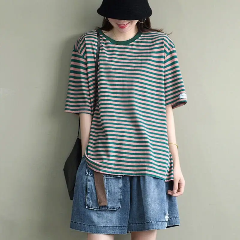 Y2K Goth Kwaii K-fashion Striped T-shirt T shirt Women O-neck Short Sleeves Vintage Crop Top New Summer Tee Tshirt Woman Clothes