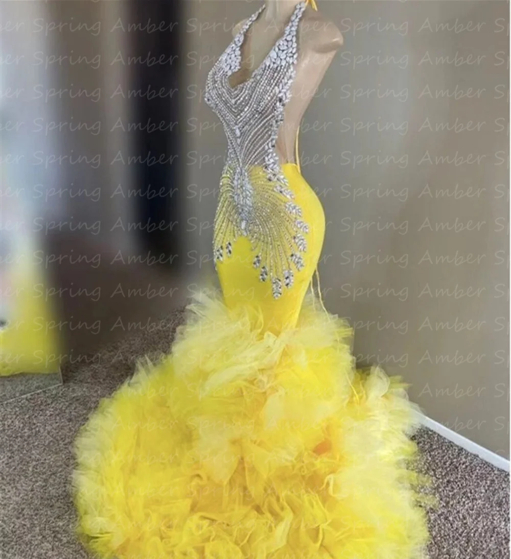 Yellow Long Prom Dresses For Black Girls Crystal Beads Sexy Ruffel Halter Mermaid Party Gowns With Ruched Tulle Customized