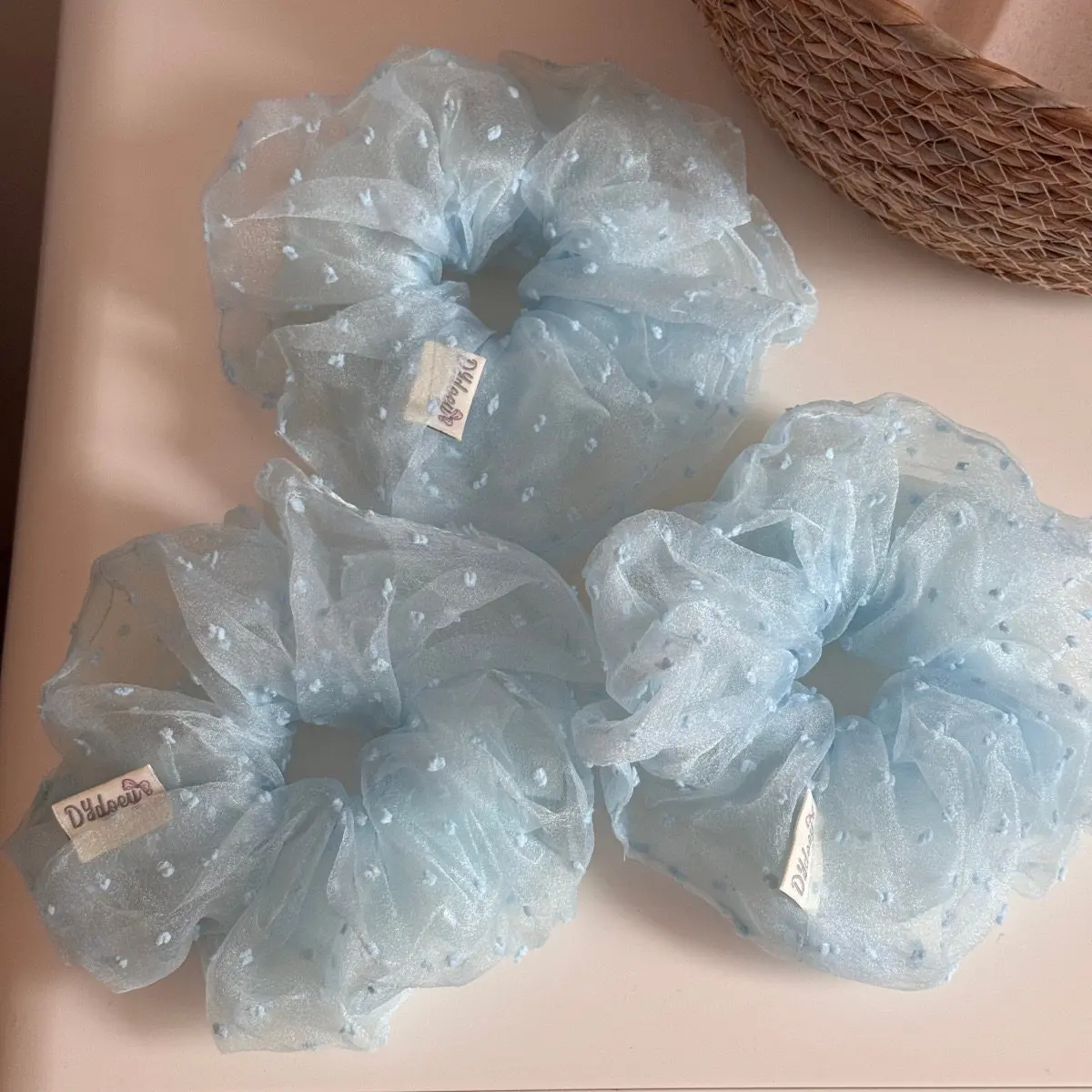 Sea Salt Blue Mesh Scrunchie Polka Dot Hair Tie for Messy Bun Ethereal Korean Style Lightweight Daily Wear   Hair Braids