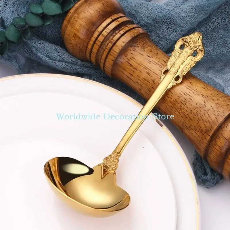 

Q39B Golden Soup Spoon Kitchen Accessories Gold Cooking Utensils 304 Stainless Steel Kitchen Cooking Serving Spoon