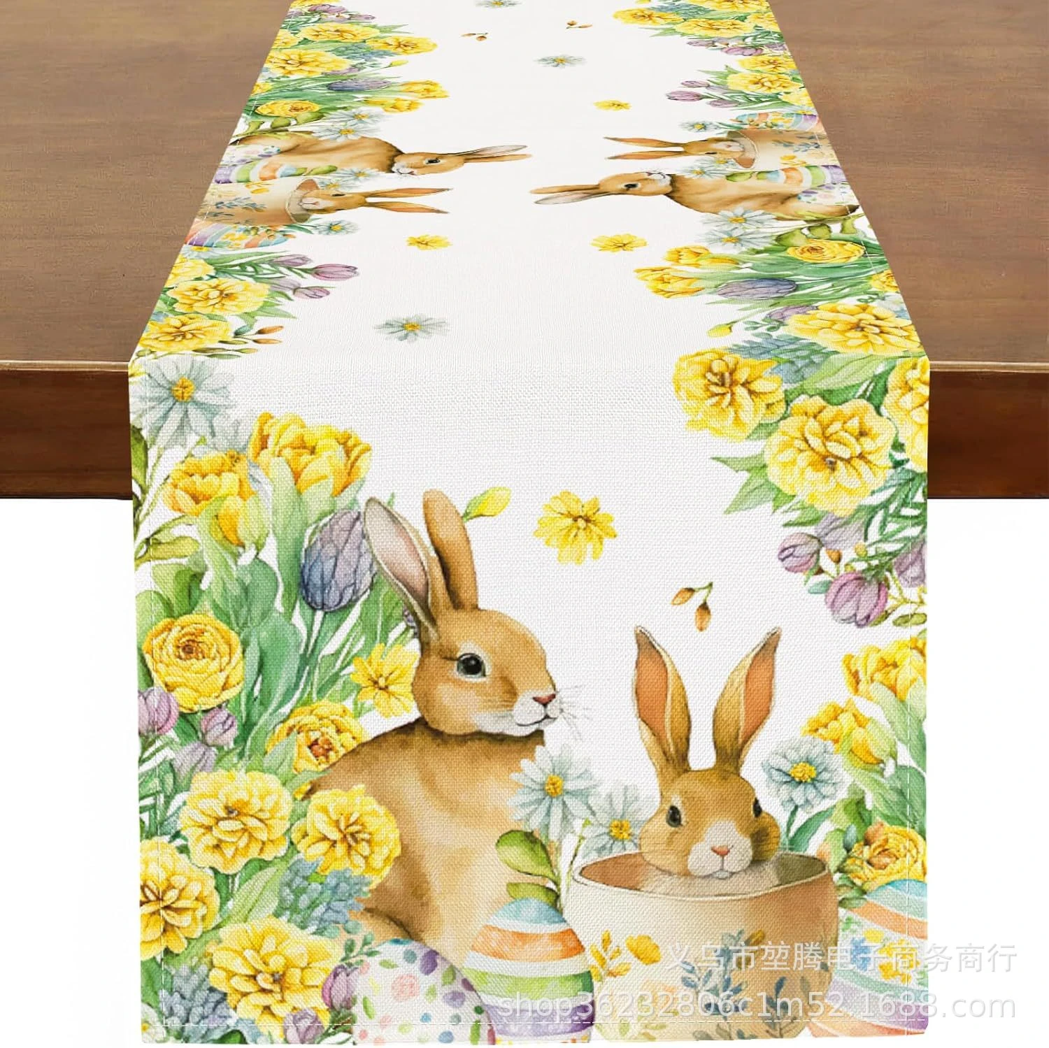 VIKAMA Blue Gingham Bunny Eucalyptus Table Runner, 6 Designs, Washable Table Decor for Kitchen Dining Party