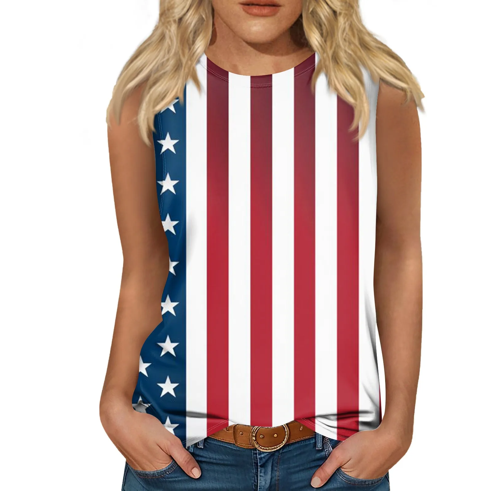 Women'S Fashion Lightweight Round Neck Sleeveless Independent Day Printed Tank Top Women'S Summer European American Large Tshirt