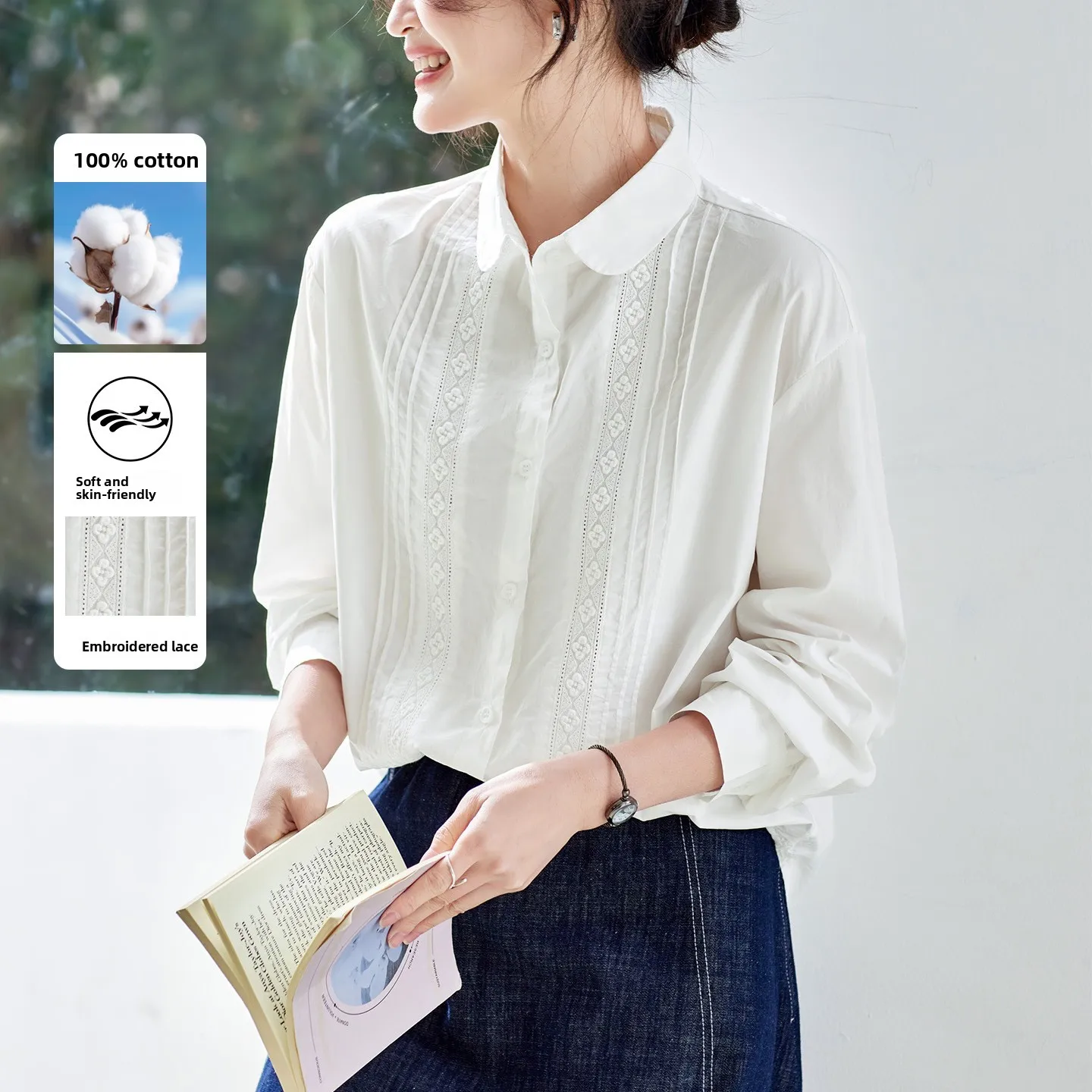 

Женская хлопковая блузка с кружевной отделкой и длинным рукавом, новая весенняя коллекция, в китайском стиле, из чистого хлопка, для повседневной носки
