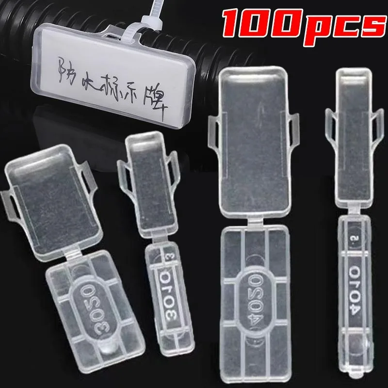 100pcs Cable Label Tag Box Transparent Plastic Home Cable Labeling Cable Tie Marker Wire Sign Name Holder Storage Organization