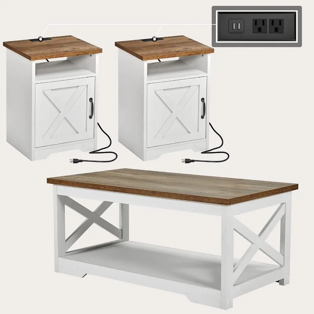 

3-Piece Farmhouse Table Set Includes Coffee Table& Two End Tables, Side Table with Charging Station and USB Ports