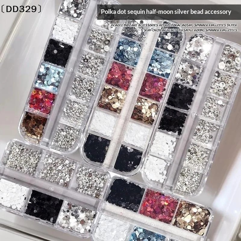 1 Box 6/12 Grids Round Nail Glitter Sparkling Flakes Nail Charms Manicure Decor 3D Spliced Flower Polka Dot Nail Art 〔DD329〕