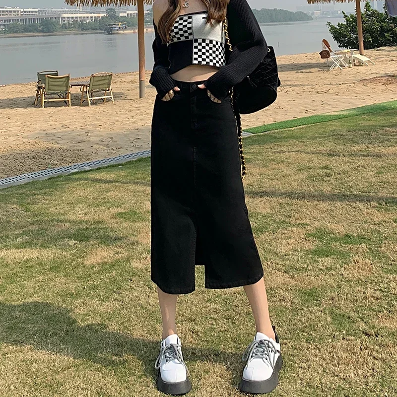 Y2K Streetwear Denim jupe femmes 2025 nouveau printemps été Design fendu longue robe taille haute grande taille minceur a-ligne jupe