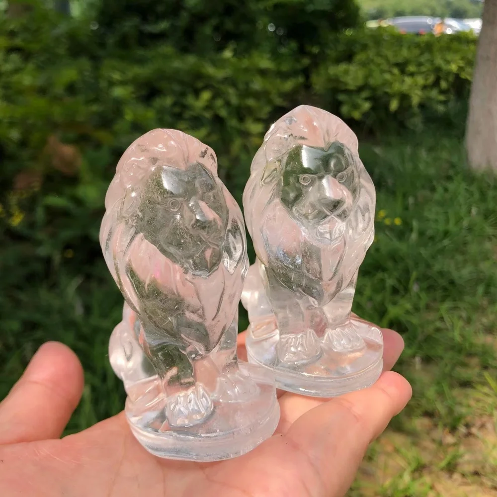 Hand Carved Natural Clear Quartz Lion Figurine Reiki Healing Crystal Statue Desktop Ornament Feng Shui Decor Collectible Gift