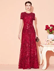 Modest O-Neck Wine Red Sequin Wedding Pary Dresses Elegant A-Line Floor-Length Mother Of The Bride Dresses Long