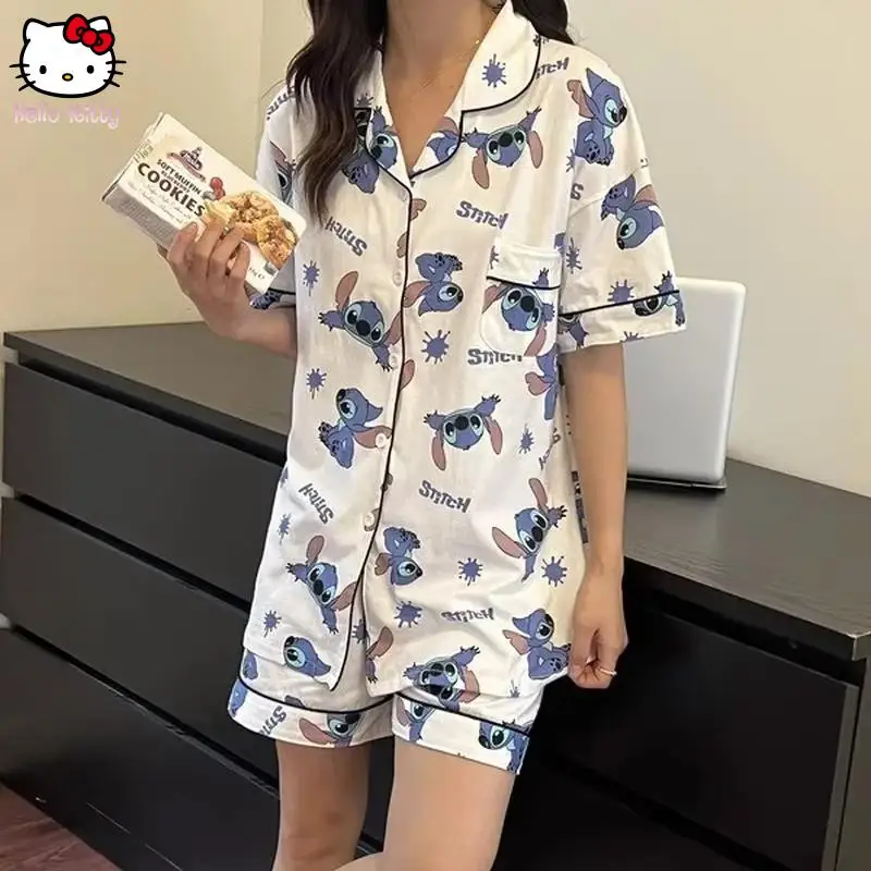 

Stitch Summer Women's Home Nightwear Clothing Set Short-Sleeved Shorts Ladies Pajamas Set Loose T-Shirt Sleepwear Cute Cartoon