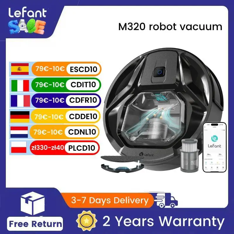 Lefant M320 Robot Vacuum Cleaner, Strong Suction 6000Pa,Autonomy 210 Minutes, 800ML Visible Dustbin, Ideal for Pet Hair