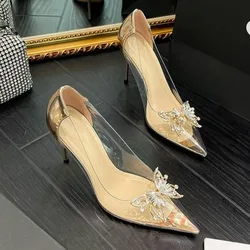 New Pointed Crystal Fairy Ladies Wind Sandals Rhinestone Butterfly-knot Transparent High Heel Women Sandals Fashion Shoes