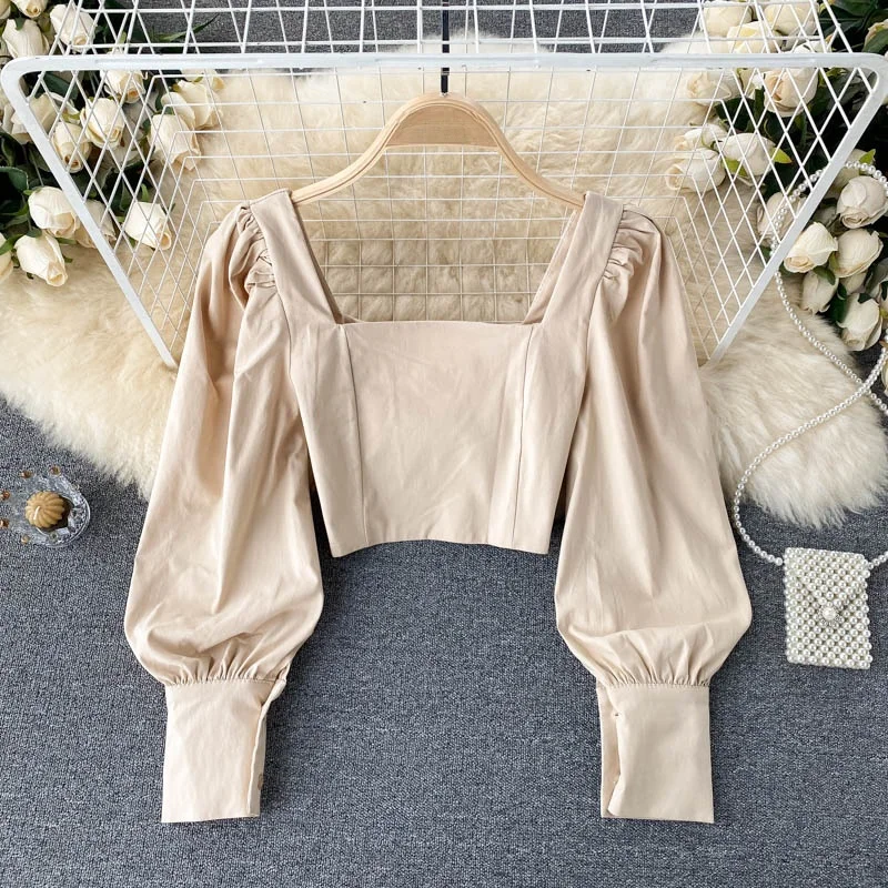 Ele ort Bubble Sve irt femmes Faionable coréen Sle coupe ajustée col carré haut trajet Sle couleur Pure