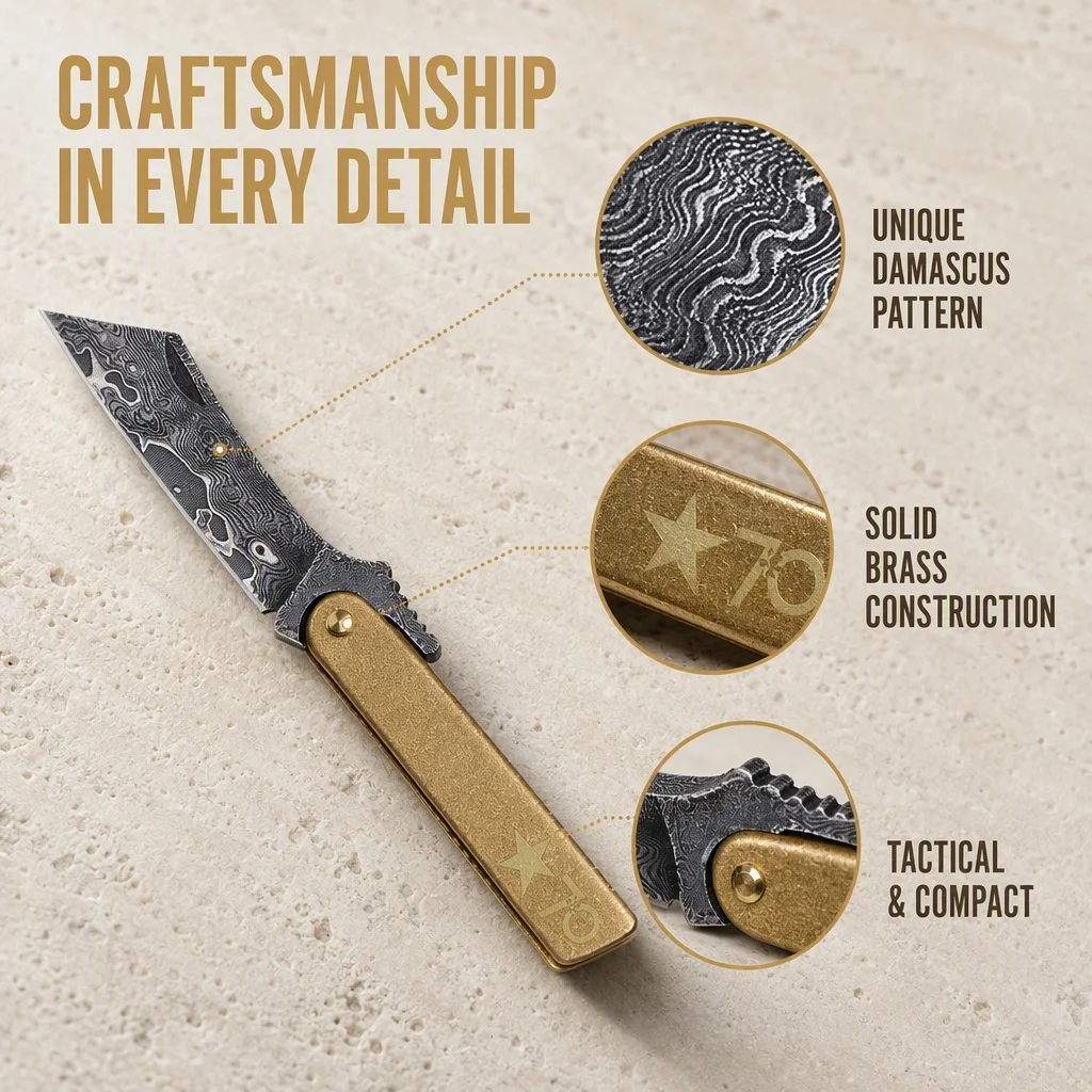 Outdoor Mini Damascus Steel Folding Knife Solid Brass Handle EDC Keychain Pocket Knife Retro Utility Cutting Tool for Camping