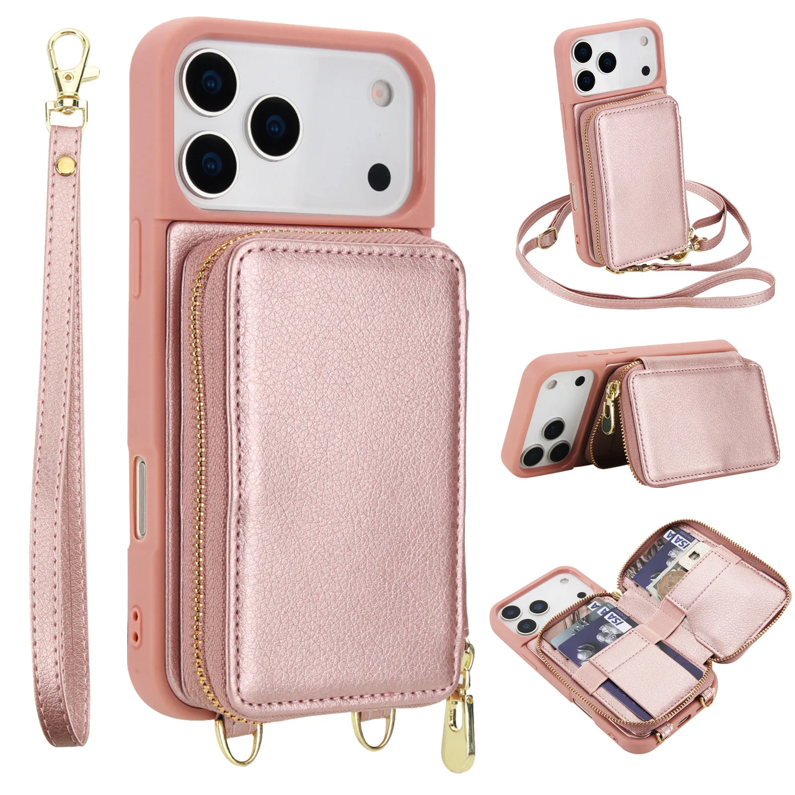 

For iPhone 17/17 Air/17 Pro/17 Pro Max Wallet Case RFID Blocking PU Leather Crossbody Bag Flip Cover Card Holder Zipper Wrist