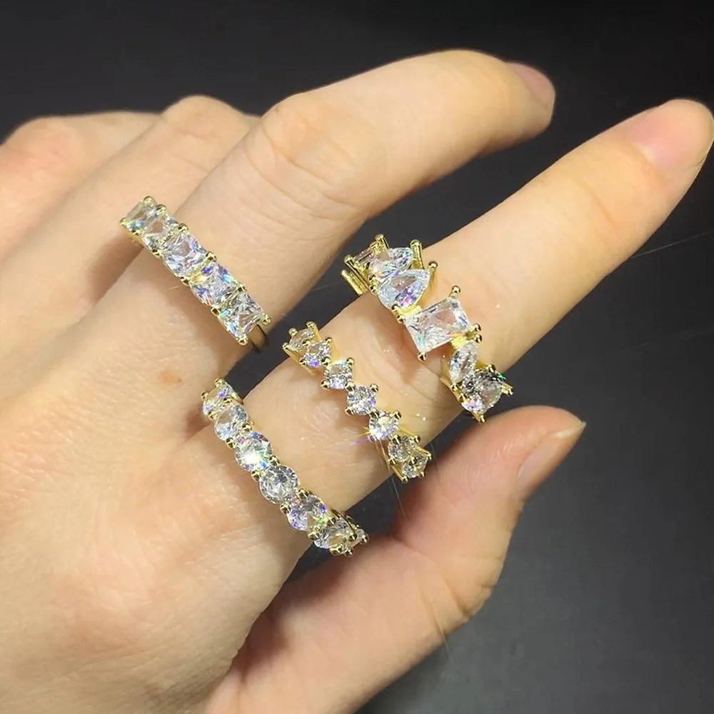 INS Designer tenis cyrkon pierścienie dla kobiet błyszczące kryształowe układanie pasujące wesele Ring Finger moda elegancka biżuteria R018 — zdjęcie 4