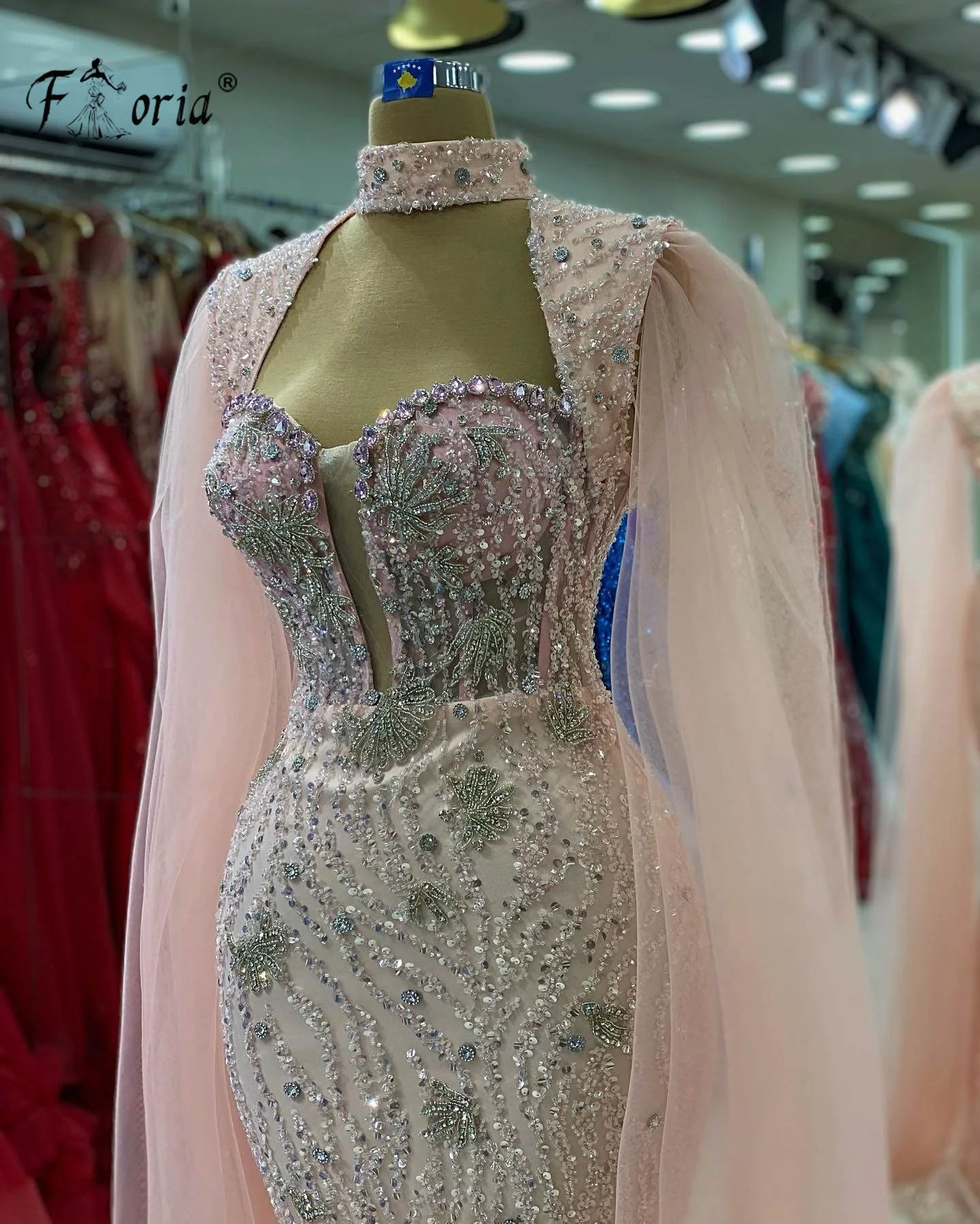 Luxe Kristallen Kralen Dubai Zeemeermin Avondjurken Couture Lange Sjaal Prachtige Kralen Feest Prom Jurk Vestidos De Gala 2023