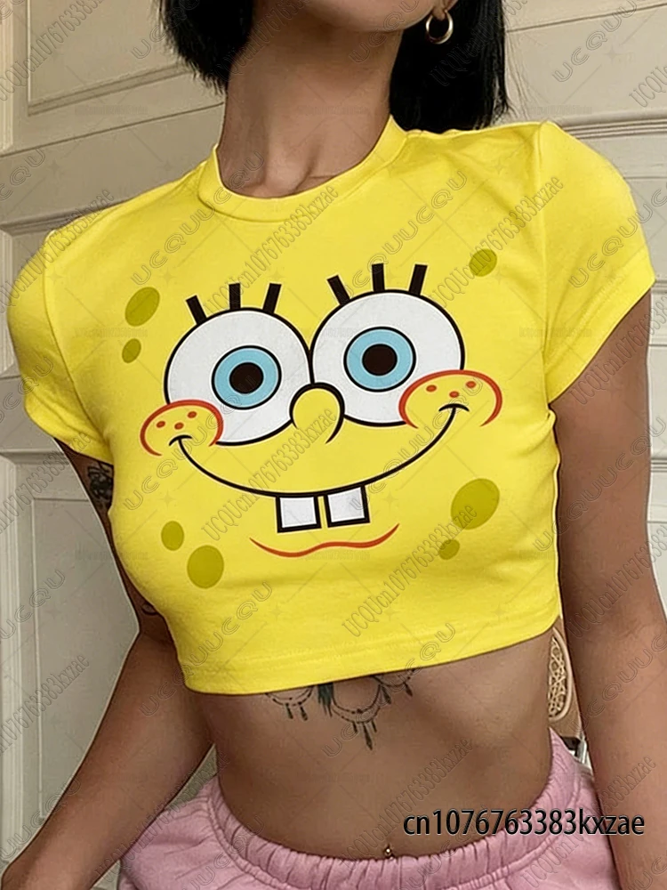 SpongeBob Series Cartoon Crop Top For Women Summer Short Sleeve Crop Top Streetwear O-neck Sexy Tees Vintage Casual Y2k Tops