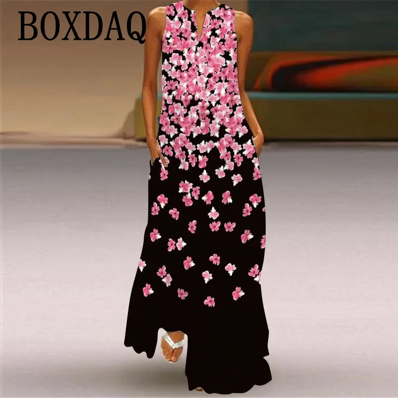 Power Flower długie sukienki damskie letnia seksowna bez rękawów, dekolt w serek, luźna sukienka moda 3D drukuj na co dzień kieszenie Maxi sukienka Sundress — zdjęcie 4