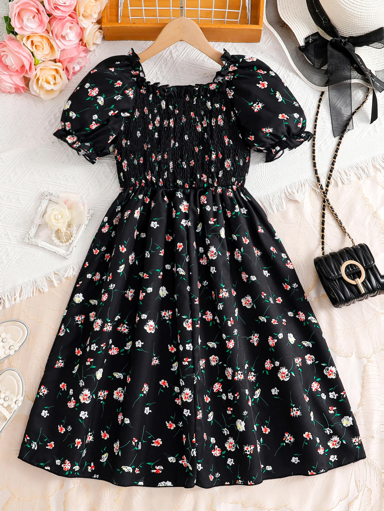 Girls' Black Floral Puff-Sleeve Dress with Elastic Waist |   Cute Summer Party Dress, Ramadan Festival, Carnival Gift.