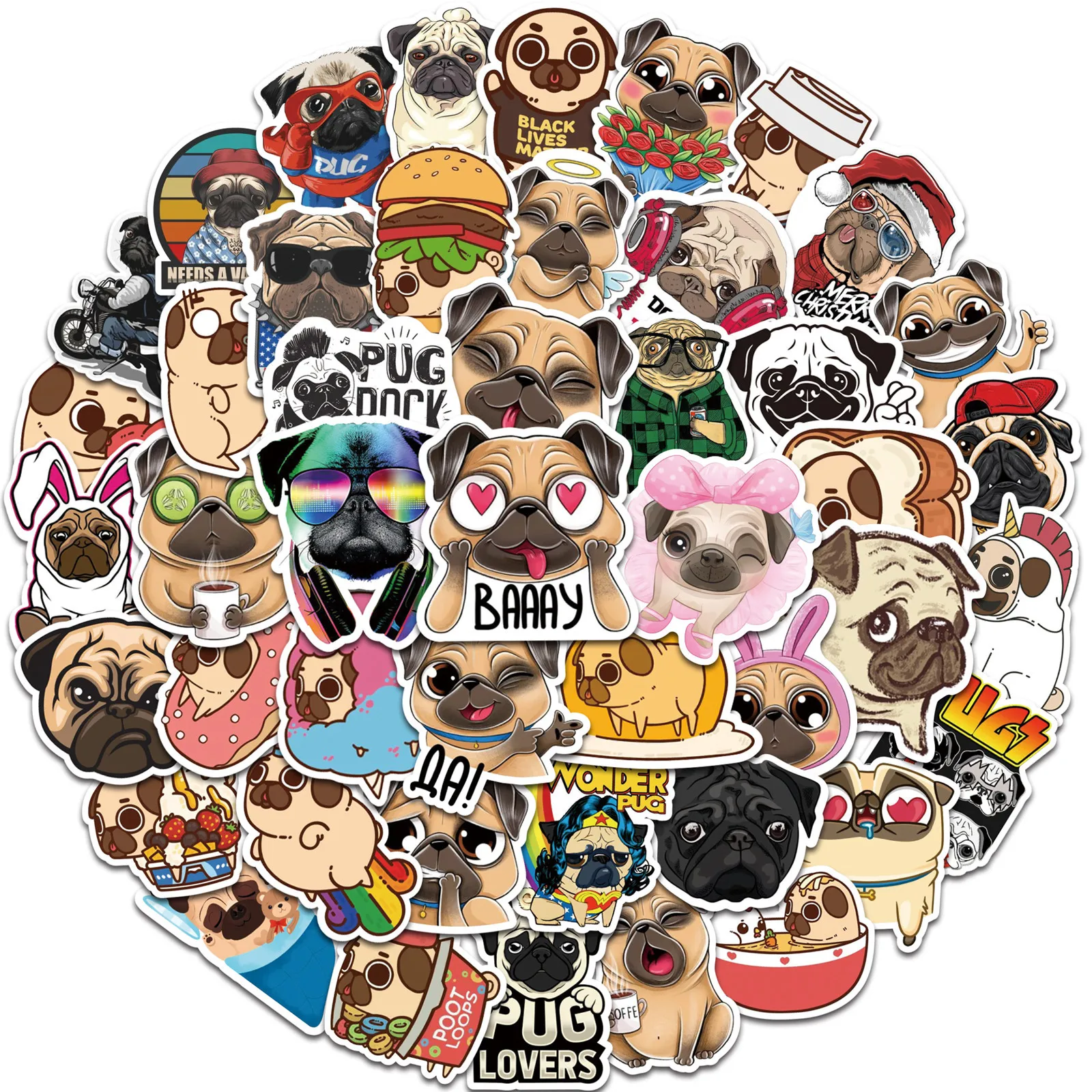 50 Stück Lustige Tier-Hundemops-Aufkleber Kawaii Schreibwaren Scrapbooking Handy Laptop Gitarre Graffiti Welpen-Aufkleber Haustier-Spielzeug