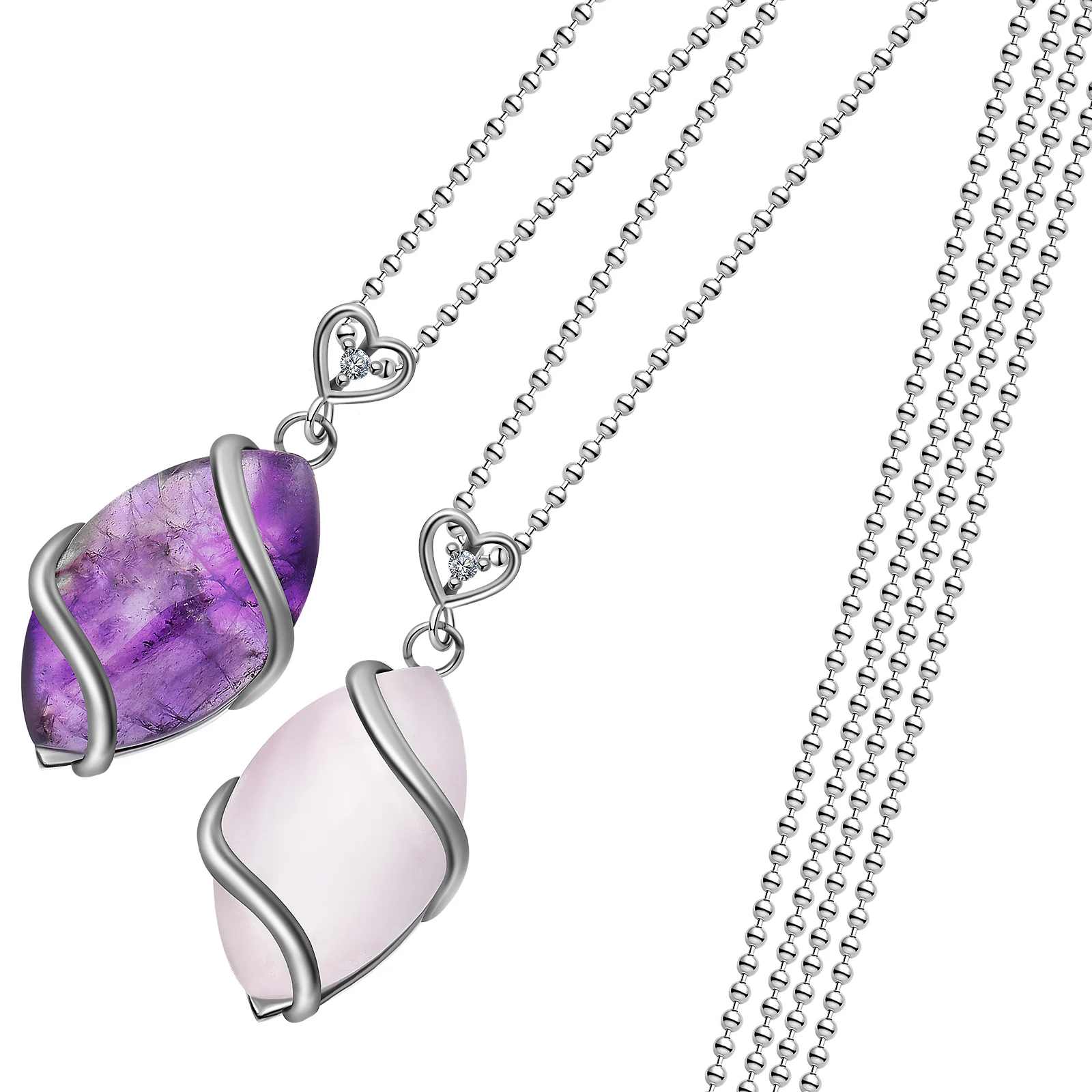 

2 Pcs Vintage Hollow Pendant Necklace Crystal Quartz Stone Copper Wire Wrapped Lightweight Gift for Lover Women Jewelry