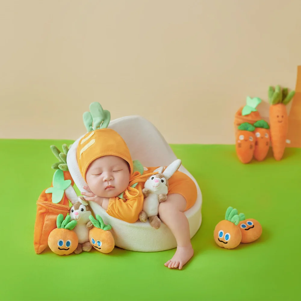 Carrot Theme Newborn Photography Props Baby Romper Hat Set Plush Rabbit Carrot Props for Studio Baby Photo Shoot Milestone Props