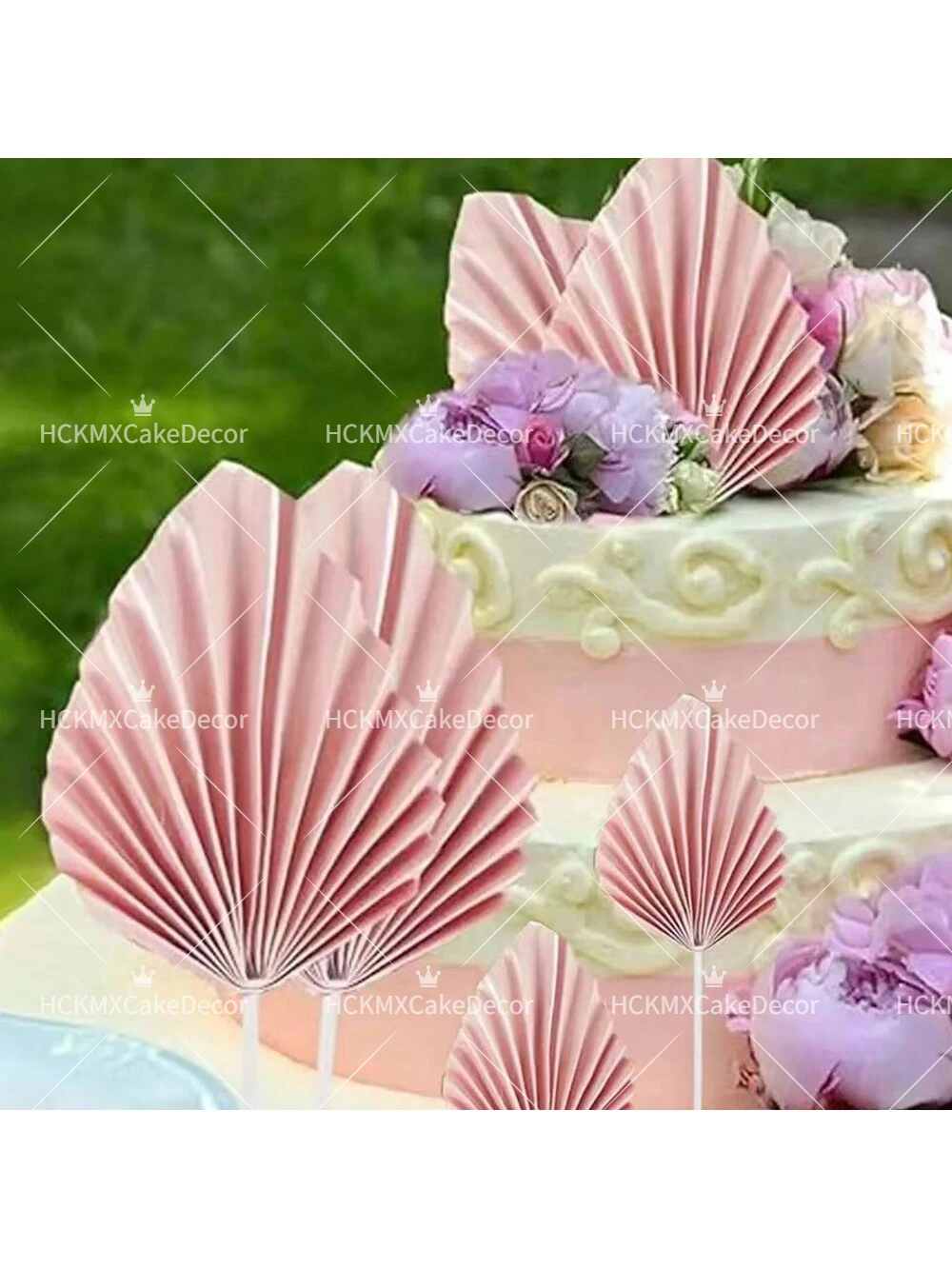 4 Stück Boho Kuchendekorationen Palmblatt-Fächer Kuchendekoration Gold Elfenbein Papierfächer für Hochzeit Geburtstag Party Zubehör – Detail 5