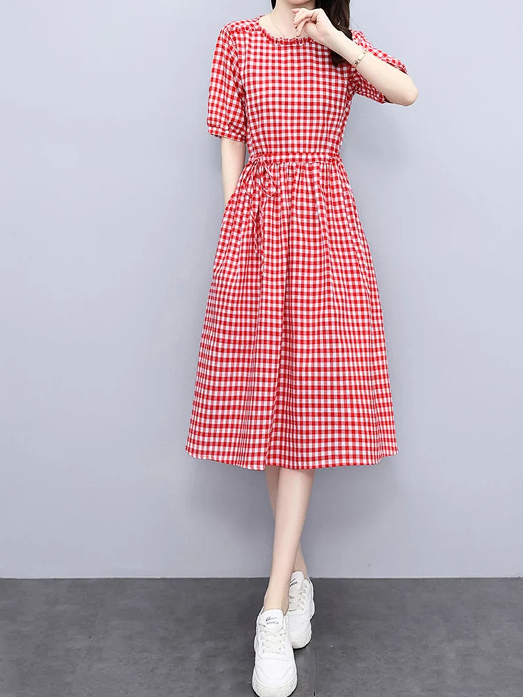 Elegance Office Lattice Lacing Patchwork A-line Skirt New Summer Classic Short Sleeve Round Neck Slim Korean Pleated Midi Dress