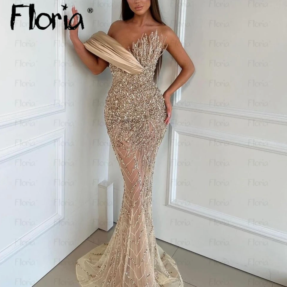 Beading Cream Champagne Evening Dress Long Mermaid Off Shoulder Wedding Reception Gowns Bride Formal Prom Dresses  Robe Soirée