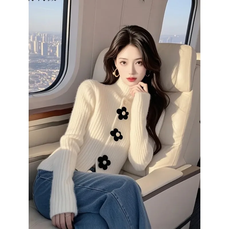 

Sweater Women's Autumn and Winter Slim High Neck Solid Color Button Long Sleeve Knitted Casual Fashion Top